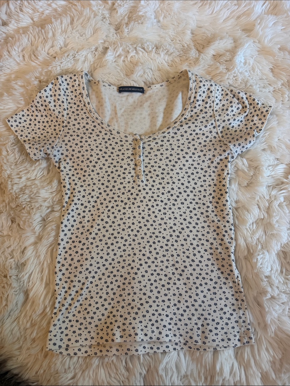 Brandy Melville Cream Tee with Navy Floral Dots